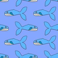 Seamless pattern with cartoon doodle happy whale. Ocean background. vector