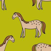 Cute colorful seamless pattern with hand drawn smiling horse with thin line contour isolated on green background. vector