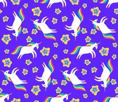 Cute cartoon unicorn with flowers in flat childlike style seamless pattern. Bright fantasy mosaic background. vector