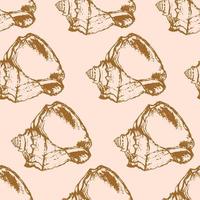 Hand drawn sketched sea shell seamless pattern on pastel pink background. vector