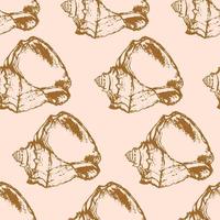 Hand drawn sketched sea shell seamless pattern on pastel pink background. vector