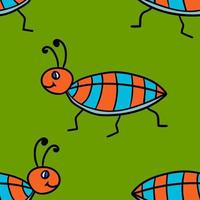 Seamless pattern with cute cartoon doodle linear bug, cockroach isolated on background. vector