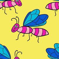 Seamless pattern with cartoon doodle linear midge, fly. Childlike insect background. vector