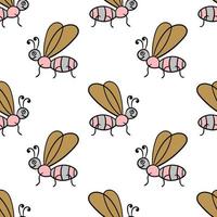 Seamless pattern with cartoon doodle linear midge, fly. Childlike insect background. vector