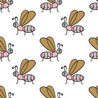 Seamless pattern with cartoon doodle linear midge, fly. Childlike insect background. vector