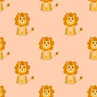 lionaCute cartoon lion in flat style seamless pattern. Wild cat background. vector