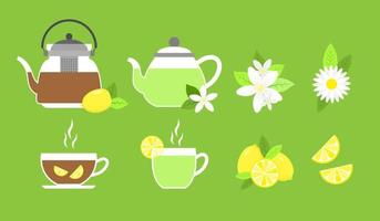 colección de elementos de té de vidrio con limón, jazmín, manzanilla. ilustración vectorial vector