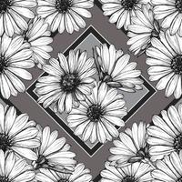 Black and white vector seamless pattern with hand drawn daisy flowers. All elements are grouped and isolated for easier editing. Vector illustration.