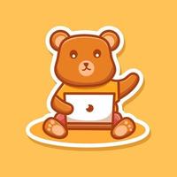 Little cute bear sitting with laptop vector art design
