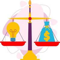 A light bulb and a bag of money on the scales. Flat vector illustration. Vector business concept. The concept of business solutions with an idea and money at scale.