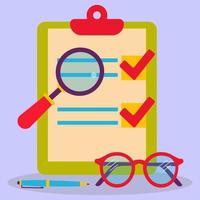 Analysis, verification of documents. Report. Glasses, pen, document holder, flat-style badges. vector