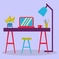 The composition of the room. Home office. A table with a lamp, a laptop and a flower. The image is made in a flat style. vector