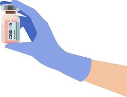 A doctor hand in blue gloves holds a medical glass bottle for injection. Development and creation of a vaccine against coronavirus. vector