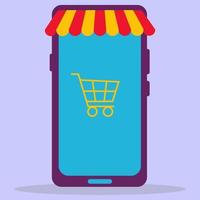 A phone icon with a shopping cart. Shopping online on the website or in the mobile app. The concept of digital marketing vector