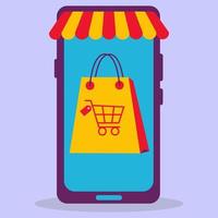 Phone online store. Virtual purchases via phone. Flat vector illustration.