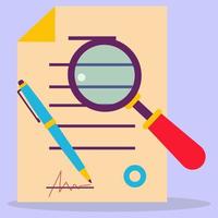 Vector graphic illustration of a document and a search loop. Search with a magnifying glass for errors in documents. Verification of the contract.