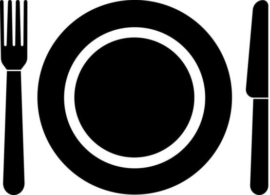 The tableware icon. Fork, plate, knife, black silhouette. Highlighted on a white background.