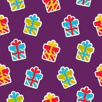 Seamless pattern in the form of multi-colored boxes with gifts on a purple background. vector