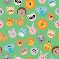 Seamless pattern with forest animals. Vector image on a green background. Animal faces.