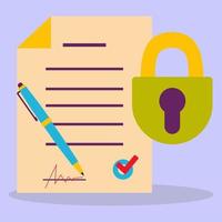 The contract is under lock and key. Document protection. Signing a contract, document, certificate, diploma. vector