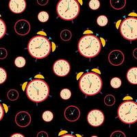 Seamless pattern with a clock on a black background. Time, hours. vector