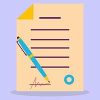 A piece of paper. A document, a contract with a ballpoint pen. The image is made in a flat style. vector