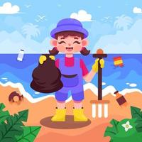 Cute Girl Cleaning Up Beach With Happy Face vector
