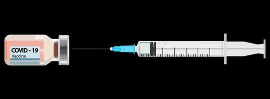 A syringe with a needle and a bottle in a flat style, the concept of vaccination, injections. Isolated vector illustration on a black background.