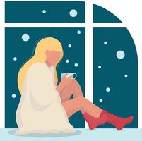 A woman is sitting and looking out the window. Social isolation during the epidemic. Vector illustration in a flat style