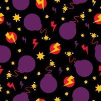 Seamless pattern with bombs, explosions and fireworks on a black background. vector