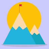 Mountains. A red flag on the top of the mountain. The image is made in a flat style. vector