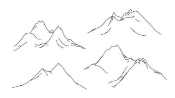 Outline steep mountain range illustration set. Everest black panorama sketch with outdoors rocky cliffs in vector snow