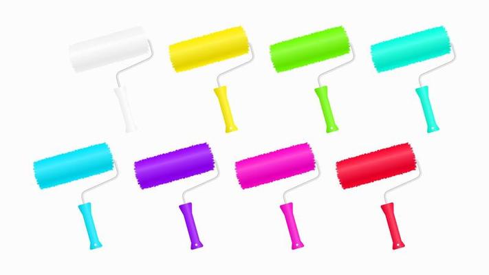 Iridescent paint rollers template. Colorful roller brushes for creative interior decor. Bright mood of home color vector renovation