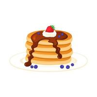 Pancakes with chocolate syrup and strawberries. Sweet cakes with butter and blueberry sauce. Confectionery snacks decorated with fresh berries and vector fruit