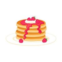 Pancakes with cream and raspberries. Sweet cakes with butter and dessert sauce. Confectionery snacks decorated with fresh red berries and vector fruit
