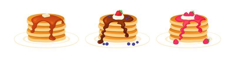 Pancakes with jam and icing. Sweet cakes with butter and chocolate sauce. Confectionery snacks decorated with fresh strawberries and vector raspberries