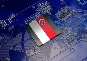 The National Flag of Singapore on CPU operating chipset computer electronic circuit board photo