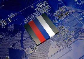 Russian flag on CPU operating chipset computer electronic circuit board photo