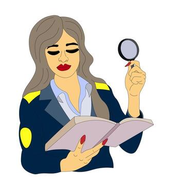 la chica es policía, detective, investigadora con lupa y cuaderno para escribir. mujer en uniforme. investigación de incidentes, delitos, detección de rastros. vector