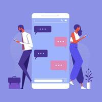 mensajes de chat smartphone, sms en la pantalla del teléfono móvil. hombre, pareja de mujeres chateando, enviando mensajes usando la aplicación de chat o la red social. conversación de teléfono celular de dos personas enviando mensajes vector