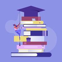 Education or academic help create business idea, skill and knowledge empower creativity concept, businesswoman climb pile of book to reach a graduation hat vector