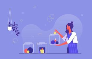 Woman do tasks distribution metaphor. Sorting geometric figures in jars. Successful self time management, workforce process optimization, productivity, workflow management concepts vector