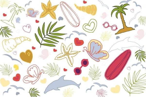 Summer background with dolphin, palms, butterflies, glasses, heart, seashells, starfish, twigs. Vector doodle illustration