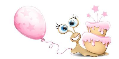 Snail with pink cake and balloon vector