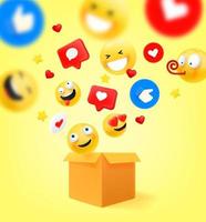 Open shipping box with flying icons. Social network communication concept. 3d vector illustration
