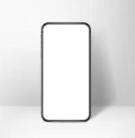 Modern mobile phone with blank screen standing on a table. 3d vector mockup