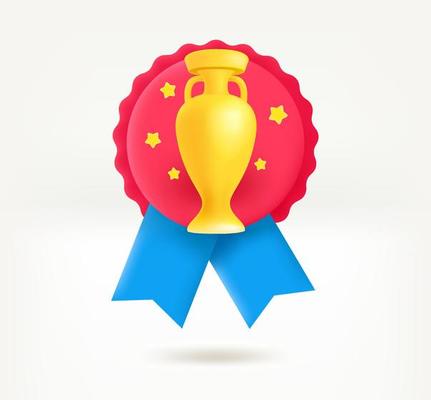 Red insignia with golden cup. Achievement concept. 3d vector icon