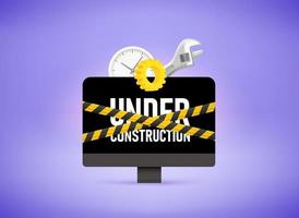 Modern computer monitor with UNDER CONSTRUCTION inscription on the screen. Error concept. 3d vector illustration