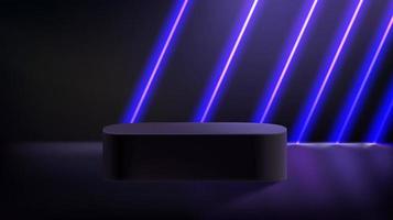 Dark room with diagonal glowing neon lamps and podium. 3d vector showcase for display products