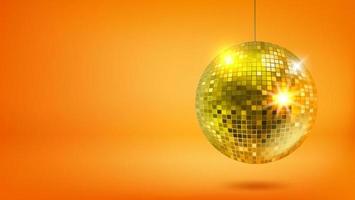 Bright holographic glowing studio with glowing golden disco ball. Vector 3d banner with copy space